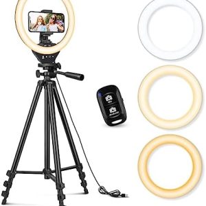 Sensyne 10'' Ring Light with 50'' Extendable Tripod Stand, LED Circle Lights with Phone Holder for Live Stream/Makeup/YouTube Video/TikTok, Compatible with All Phones